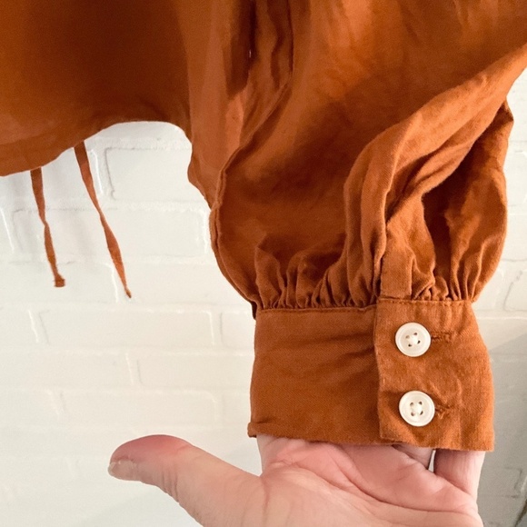 En thread Button down Lagenlook Linen Lyocell Puffy sleeve Pockets Cinnamon S - Picture 9 of 13